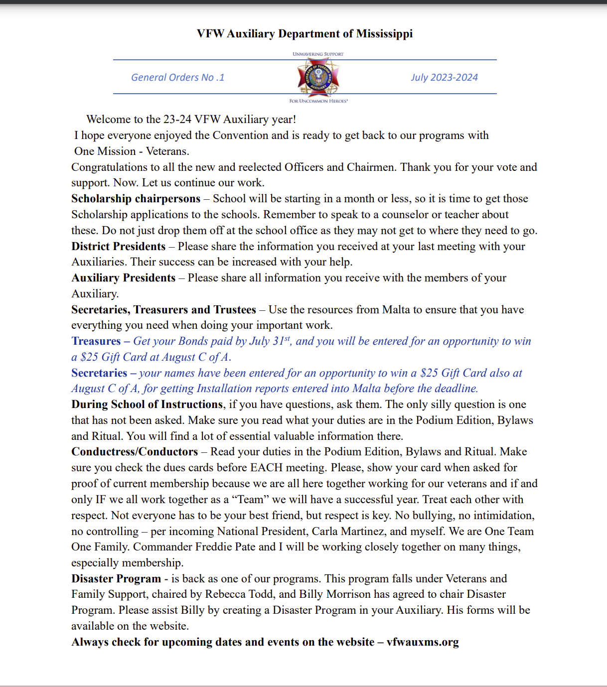 General Orders Department of Mississippi VFW AUX